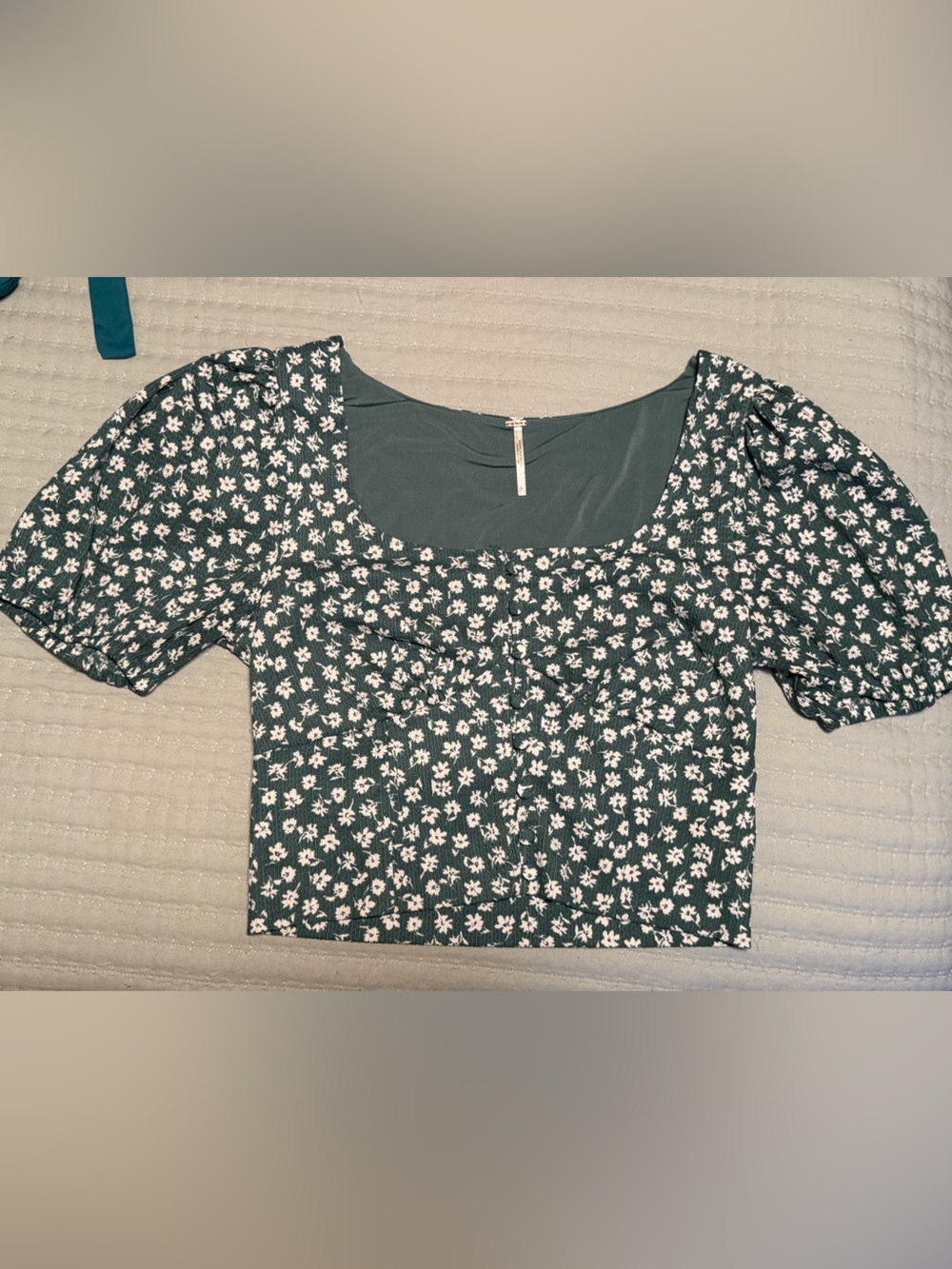 Free People Green Floral Puff-Sleeve Crop Top